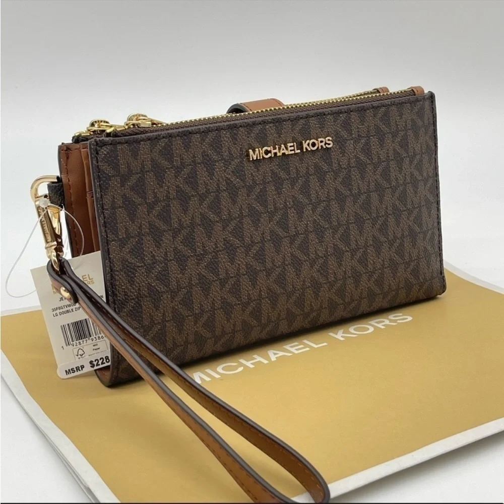 Michael Kors Large Double Zip Wallet Wristlet Leather Rich Brown